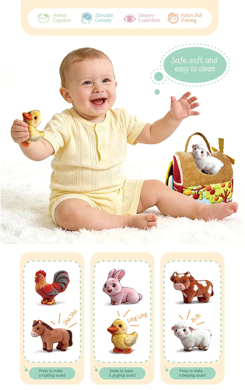 A set of plush toys featuring farm animals like a chick, hen, horse, and dog for sensory exploration and skill training.