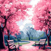A vibrant painting of a cherry blossom landscape featuring pink trees and a winding path.