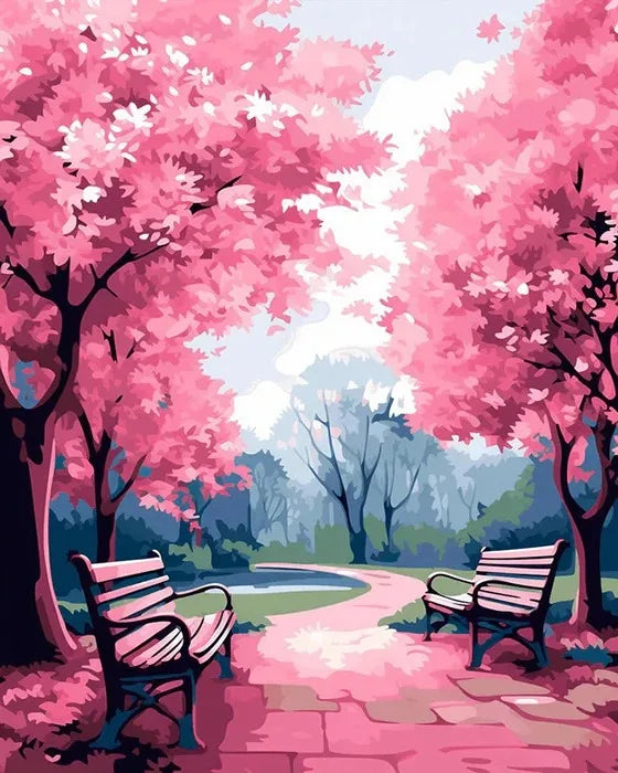 A vibrant painting of a cherry blossom landscape featuring pink trees and a winding path.