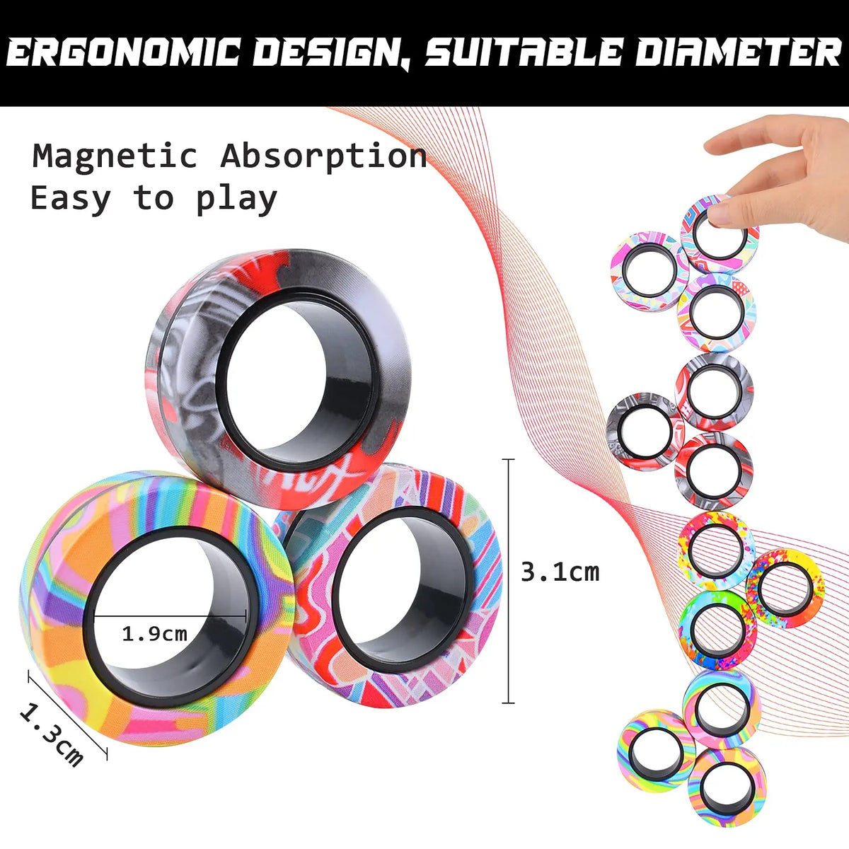 Set of three magnetic fidget spinning rings with various colors and designs for stress relief