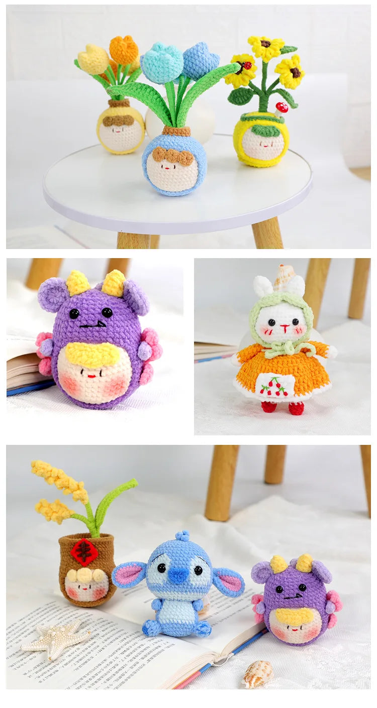 A collection of soft chenille yarn stuffed into various cute animal shapes like a purple dragon and a yellow elephant.