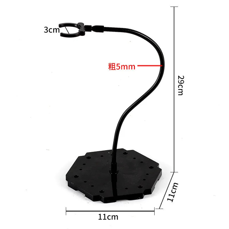 A black adjustable snake bone stand with a 3cm neck and 11cm base, used for action figures and models.