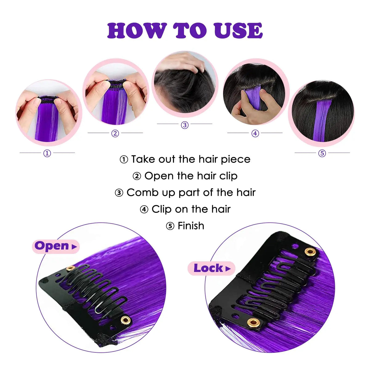 Instructions showing how to use a purple clip-in hair extension set for instant color