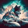 A majestic wolf with glowing eyes emerges from a snowy mountain landscape under a vibrant, cosmic sky.