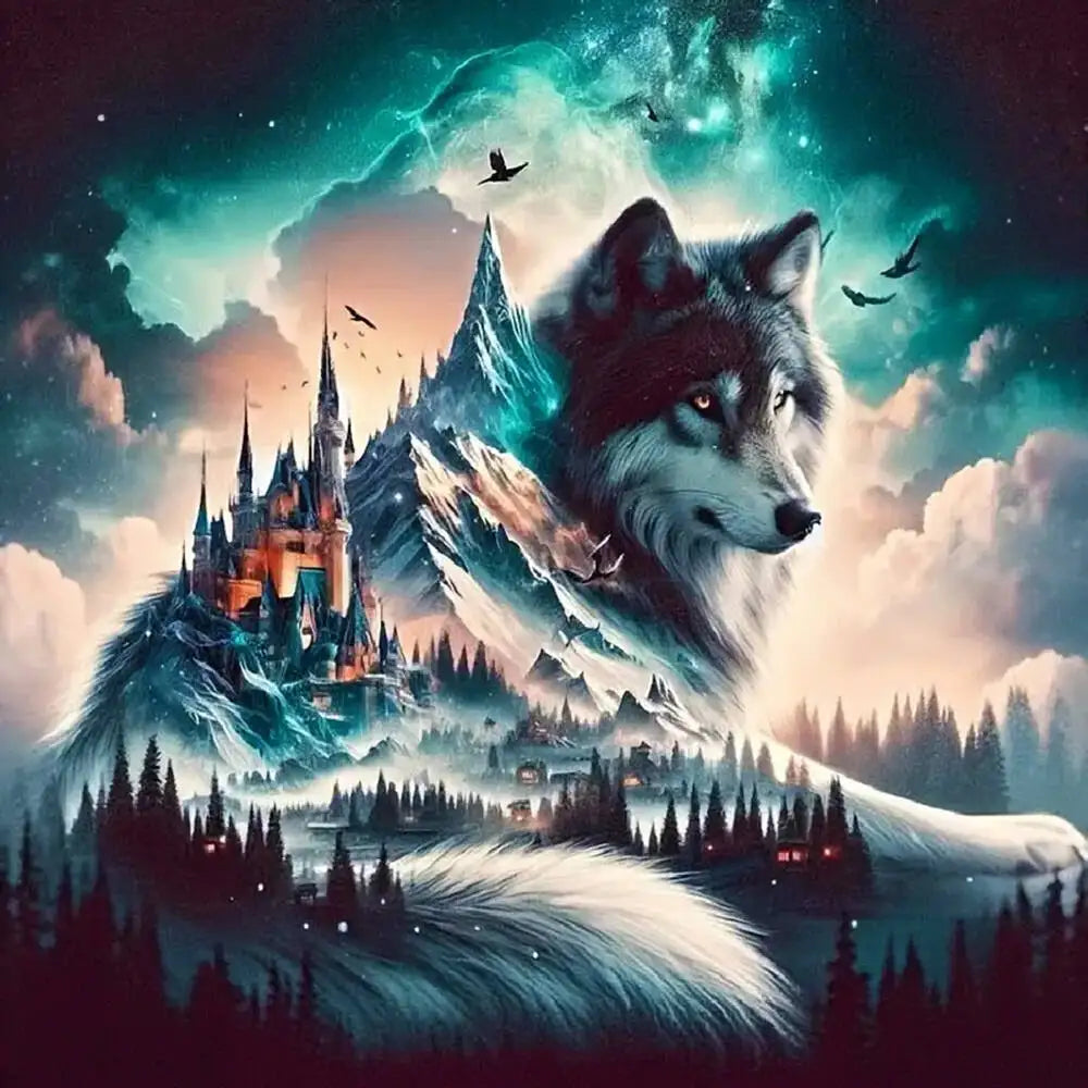 A majestic wolf with glowing eyes emerges from a snowy mountain landscape under a vibrant, cosmic sky.
