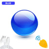 A bright blue spherical fidget toy or boomerang with an LED light, shown next to a connector cable.