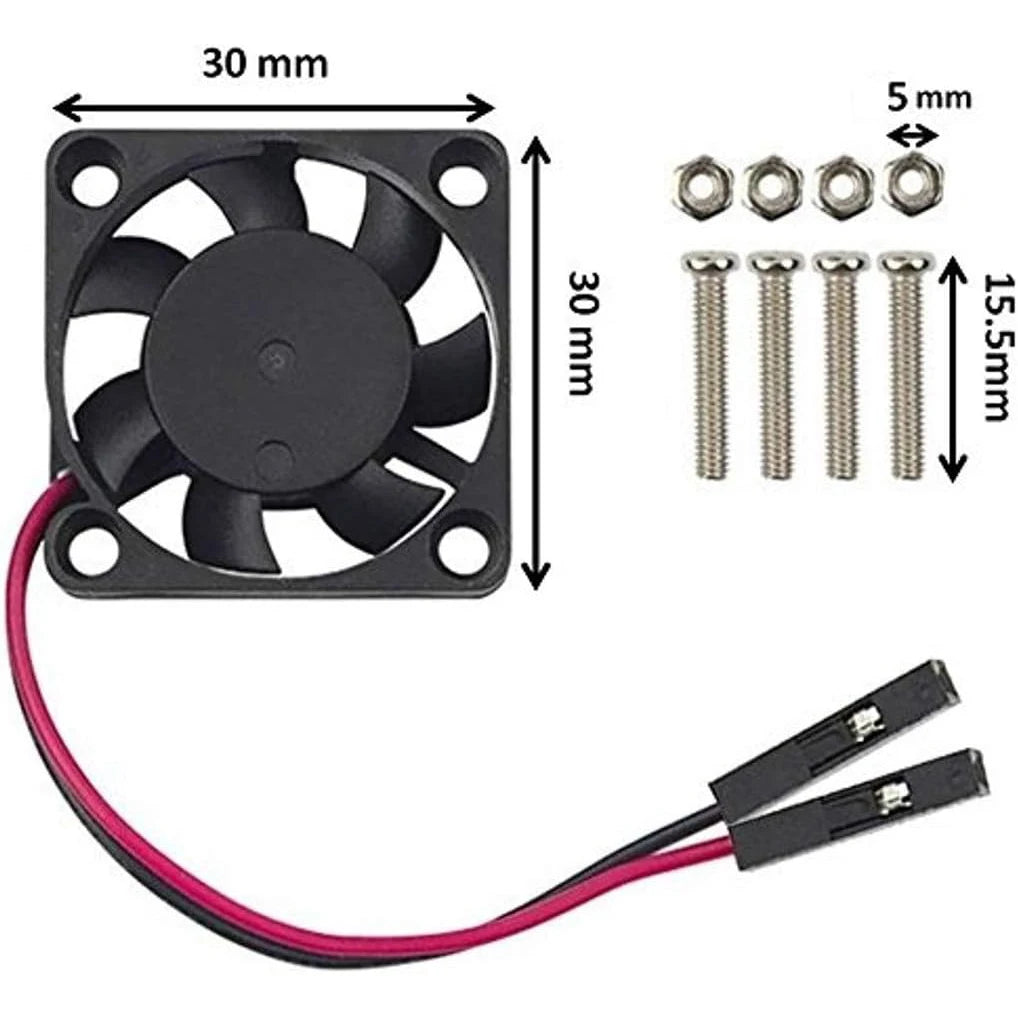 A black 30mm quiet cooling fan with mounting screws and a red electrical wire is shown.