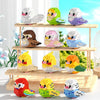 A set of colorful parrot micro building blocks featuring various bird designs in shades of green, purple, yellow, and blue.
