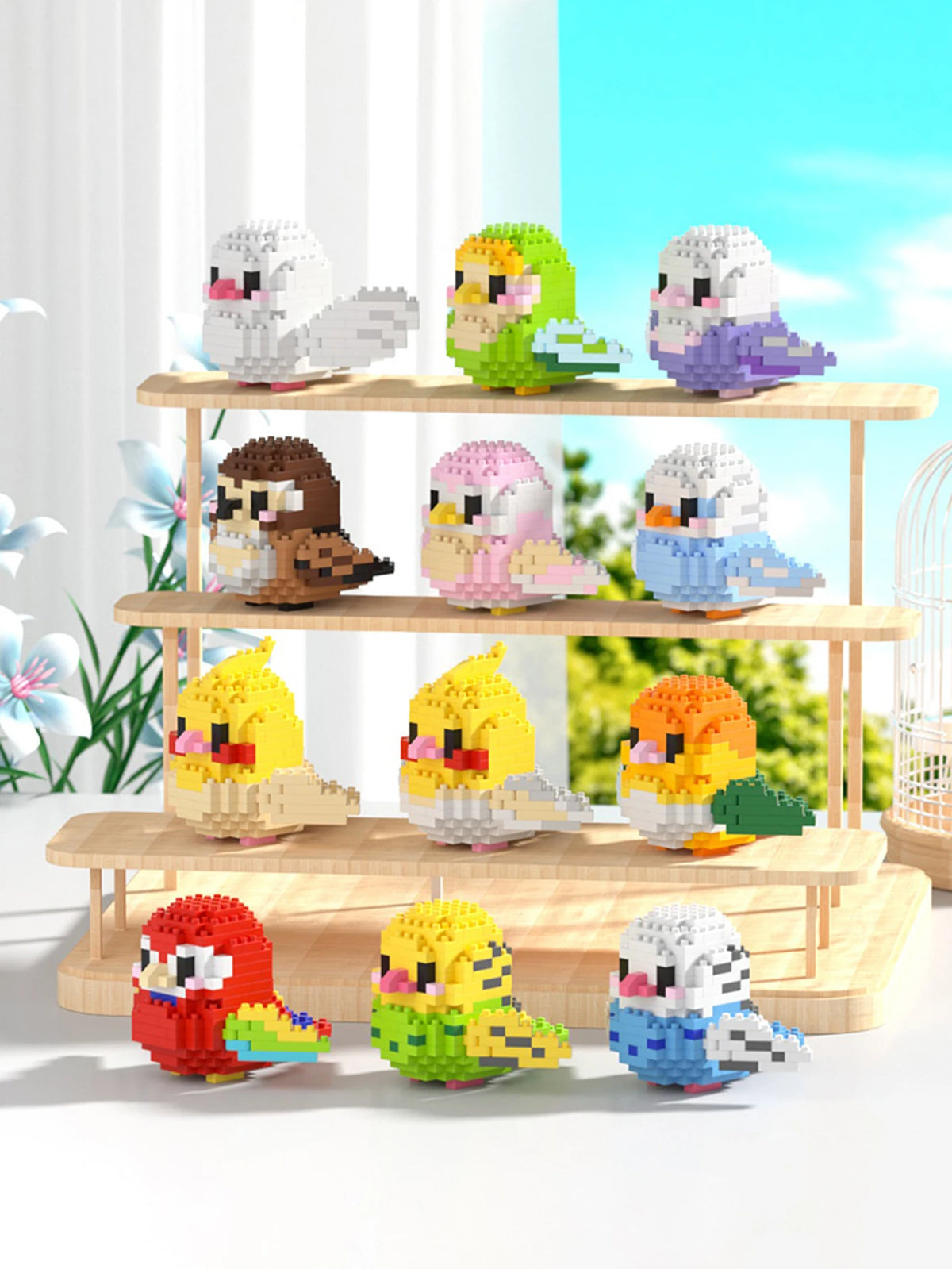 A set of colorful parrot micro building blocks featuring various bird designs in shades of green, purple, yellow, and blue.