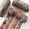 A collection of vintage patterned washi tape rolls and strips for journaling and scrapbooking