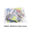 A plastic bag containing 396 pieces of 9686 bricks and a paper manual for a STEM Motorized Building Blocks Set