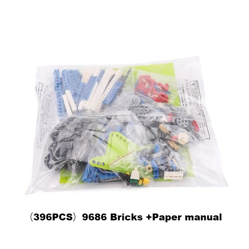 A plastic bag containing 396 pieces of 9686 bricks and a paper manual for a STEM Motorized Building Blocks Set