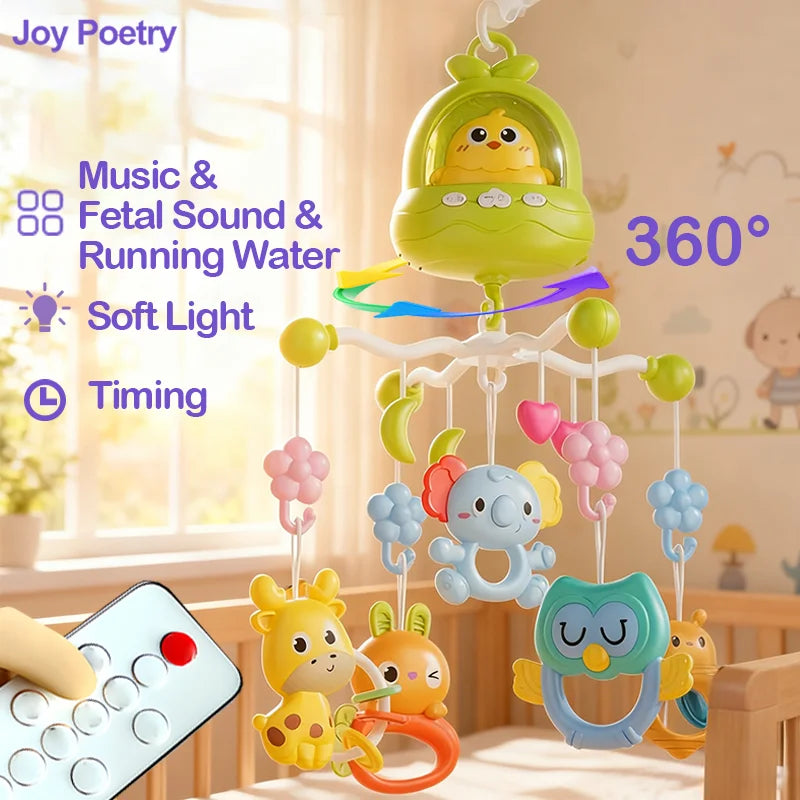 A yellow 360-degree rotating musical mobile featuring a baby figure and various hanging toys for an infant crib.