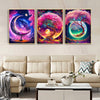 Three vibrant diamond painting art panels featuring moonlit trees and celestial landscapes for home decor