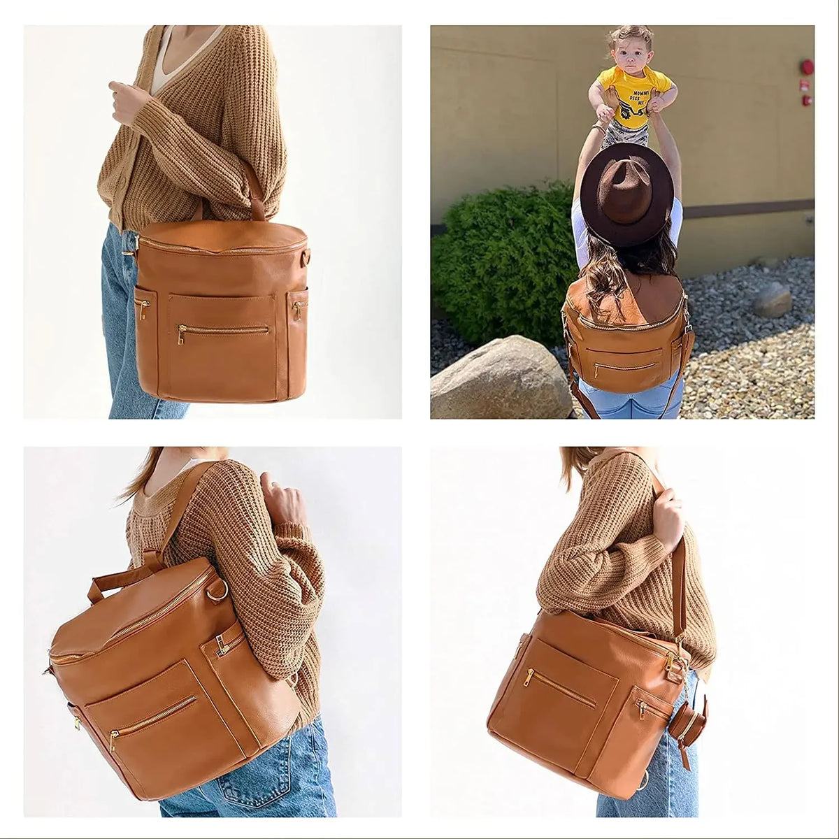 PU Leather Diaper Backpack with Changing Pad and Stroller Straps