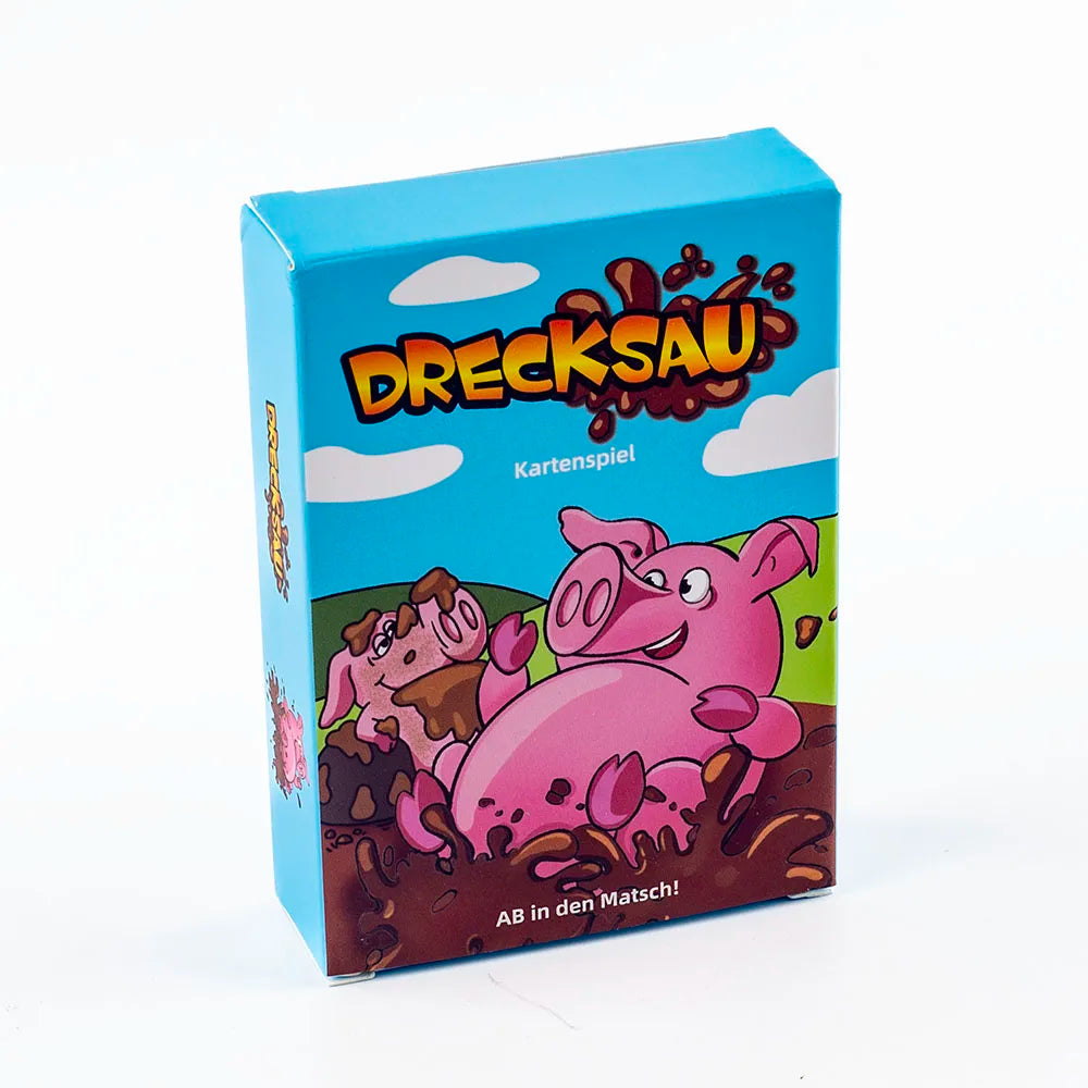 A box for the Drecksau card game featuring a pink pig character and colorful graphics.