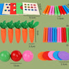 A set of wooden Montessori toys including a color sorting board, wooden beads, and various shaped wooden items for toddlers.