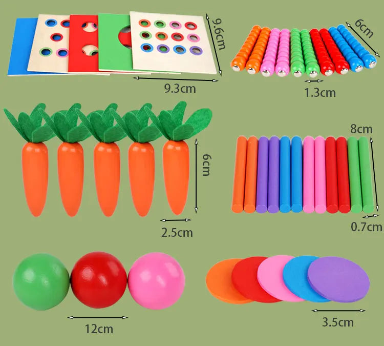 A set of wooden Montessori toys including a color sorting board, wooden beads, and various shaped wooden items for toddlers.