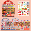 A colorful illustration of a supermarket scene with various food items and people shopping.