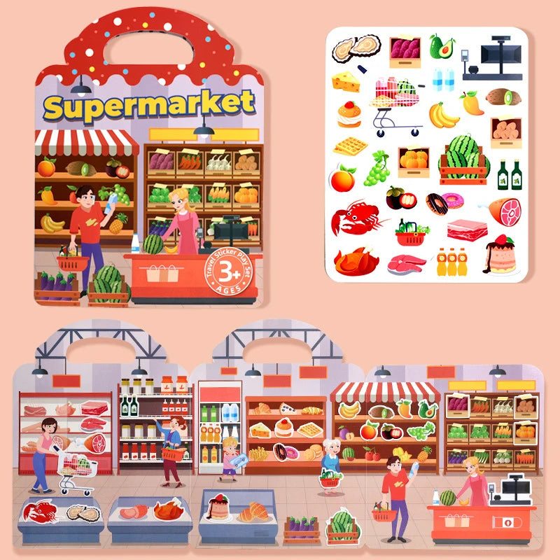 A colorful illustration of a supermarket scene with various food items and people shopping.