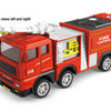 A red pull-back fire truck toy with a movable ladder, featuring a siren and emergency lights.