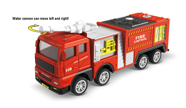 A red pull-back fire truck toy with a movable ladder, featuring a siren and emergency lights.
