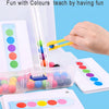A hand is using yellow wooden clips to move colored beads in a clear plastic Montessori game box.