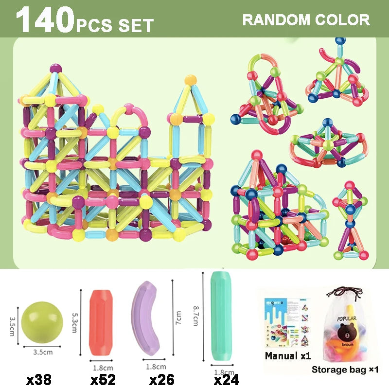 Ein Set von 140 magnetischen Bausteinen in zufälligen Farben, verschiedenen Formen und einer Aufbewahrungstasche.
