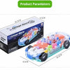 A transparent concept racing car model with lights and music is shown next to its packaging.