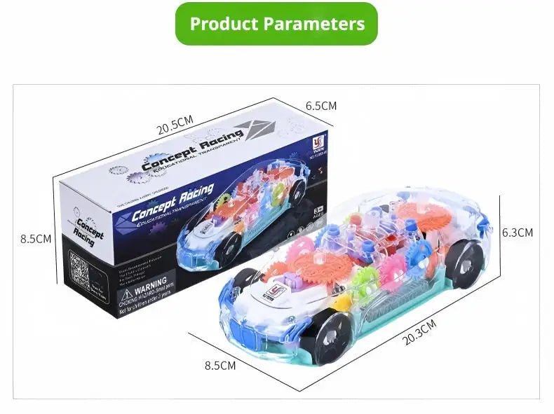 A transparent concept racing car model with lights and music is shown next to its packaging.