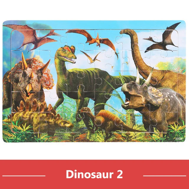 A jigsaw puzzle featuring various dinosaurs and pterosaurs on a light blue background.