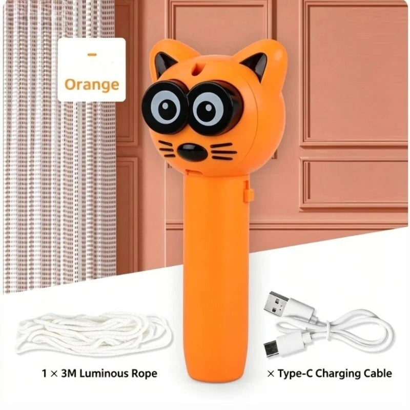 An orange cat toy shaped like a fox with large eyes is shown next to a 3M luminous rope and a Type-C charging cable.