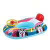 A colorful inflatable car-shaped baby pool float with a safety seat and handles.