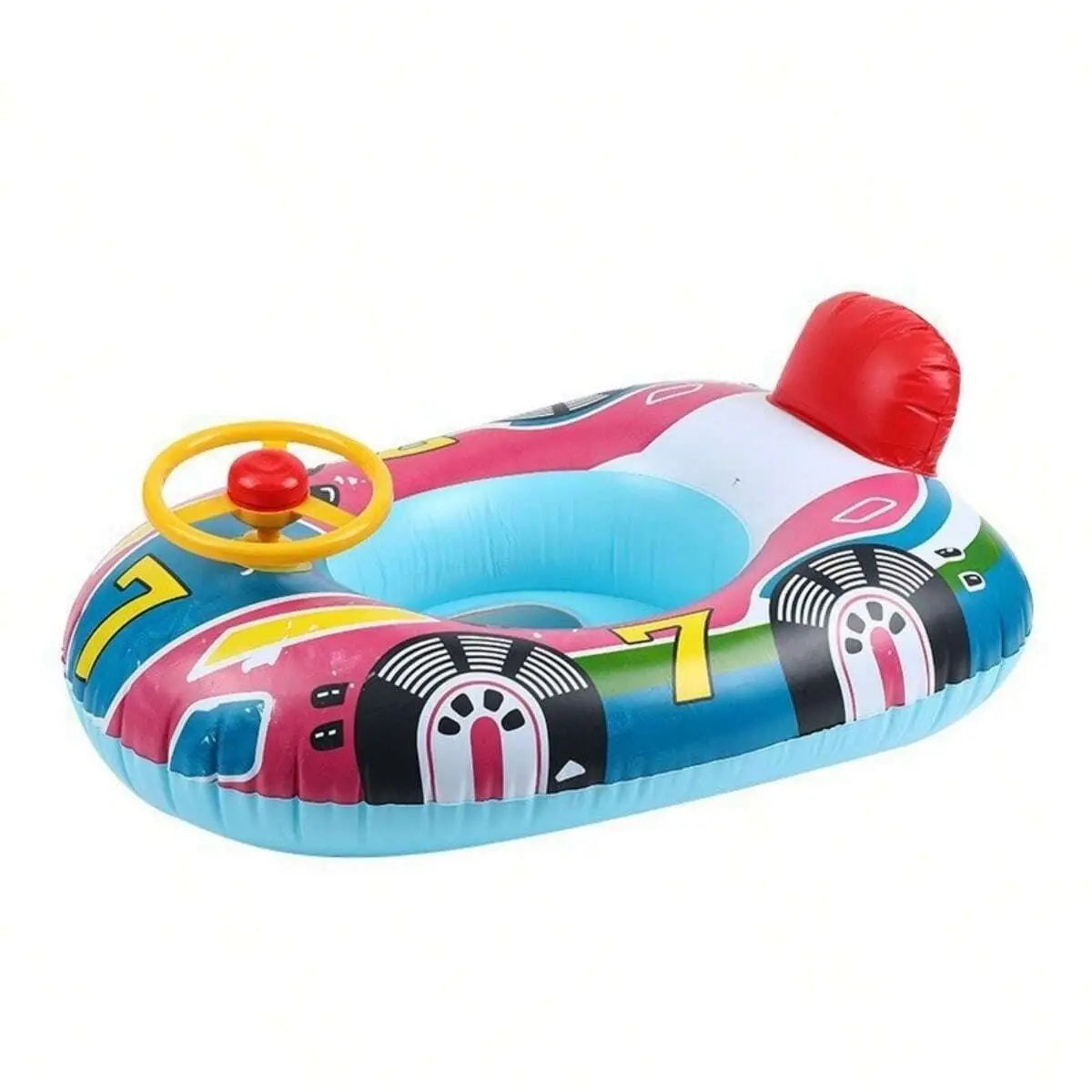 A colorful inflatable car-shaped baby pool float with a safety seat and handles.