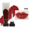 A tube of dark mirror lip glaze and a wand applicator for the Maxfine product, shown next to a close-up of red lipstick on li
