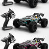 A collection of three brushless 4WD monster truck RC cars with LED headlights shown in various angles.