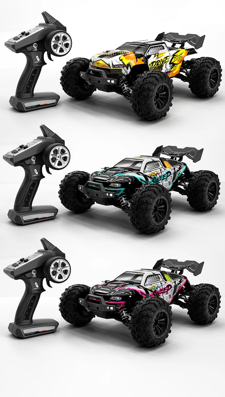 A collection of three brushless 4WD monster truck RC cars with LED headlights shown in various angles.