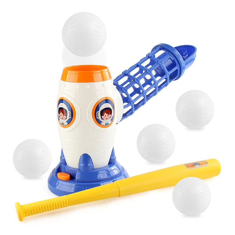A white automatic baseball pitching machine with blue accents, a bat, and several white balls.