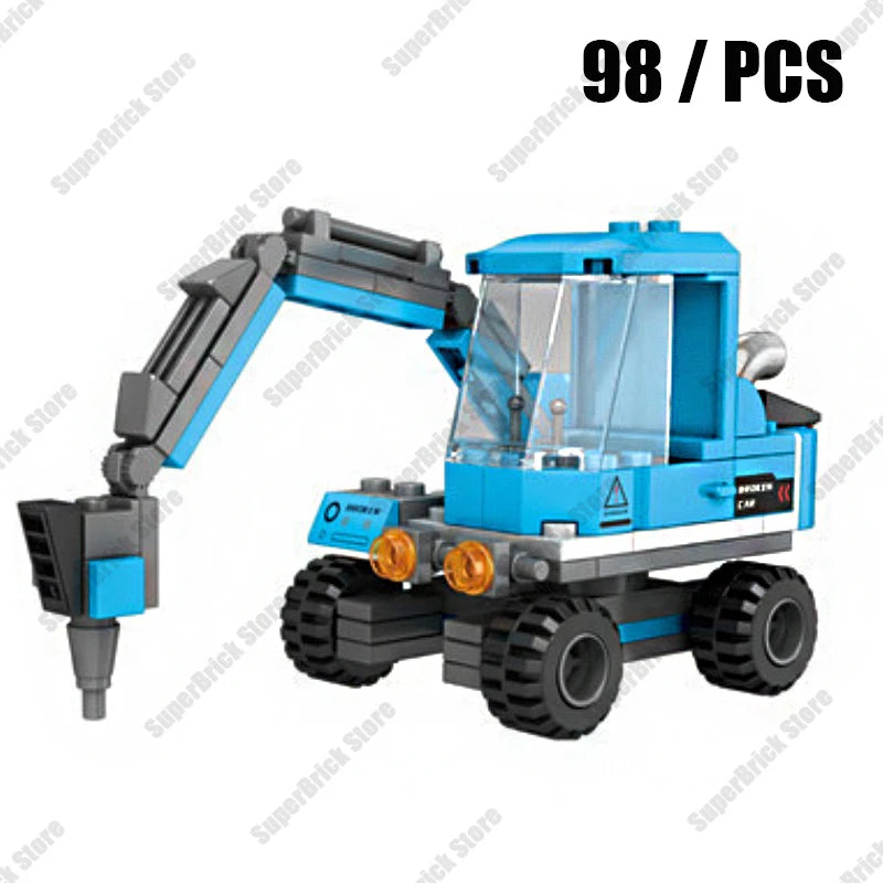 A blue police helicopter and SWAT carrier vehicle building blocks set with 98 pieces.