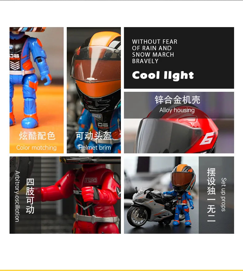 A 1:12 scale die-cast motorcycle model with a helmeted rider figurine, featuring color matching and alloy housing.