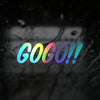 Colorful text that reads GO GO! displayed on a dark, textured background.