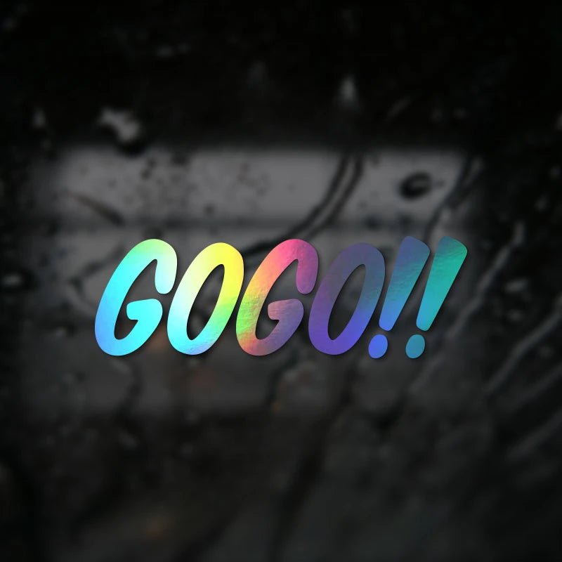 Colorful text that reads GO GO! displayed on a dark, textured background.
