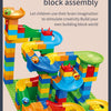 A colorful DIY building block assembly featuring a marble run maze track for children's creative play.