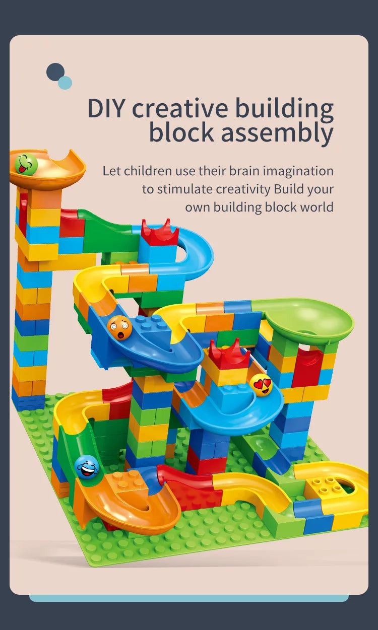 A colorful DIY building block assembly featuring a marble run maze track for children's creative play.
