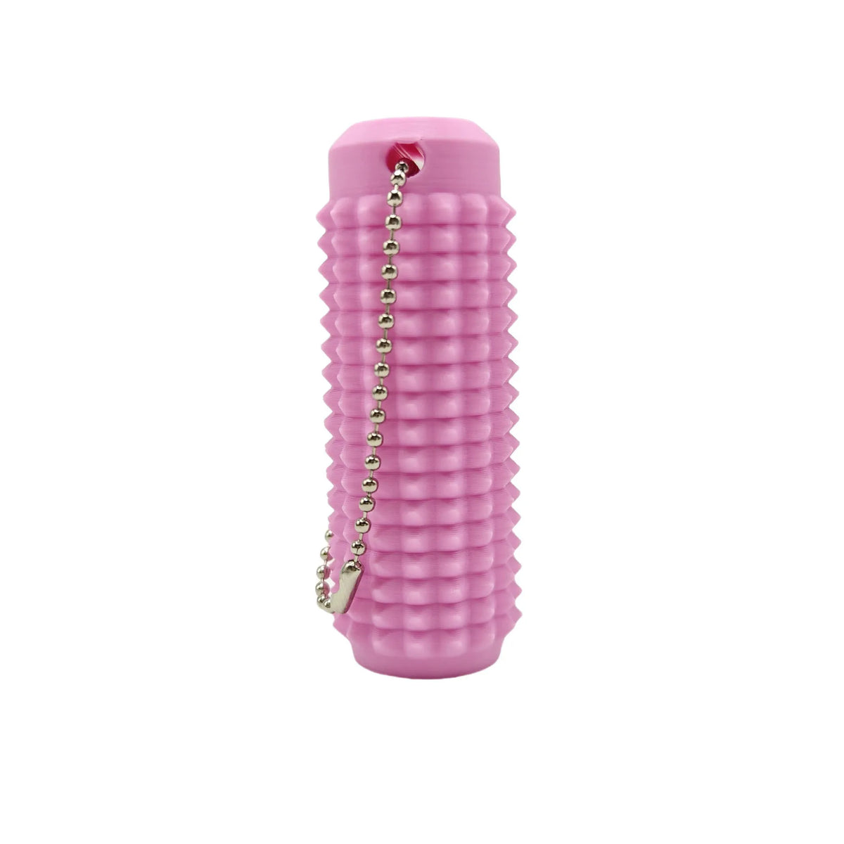 A pink spiky sensory keychain with a chain attached.