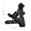 Black hands-free guitar phone holder with an adjustable clamp mechanism.