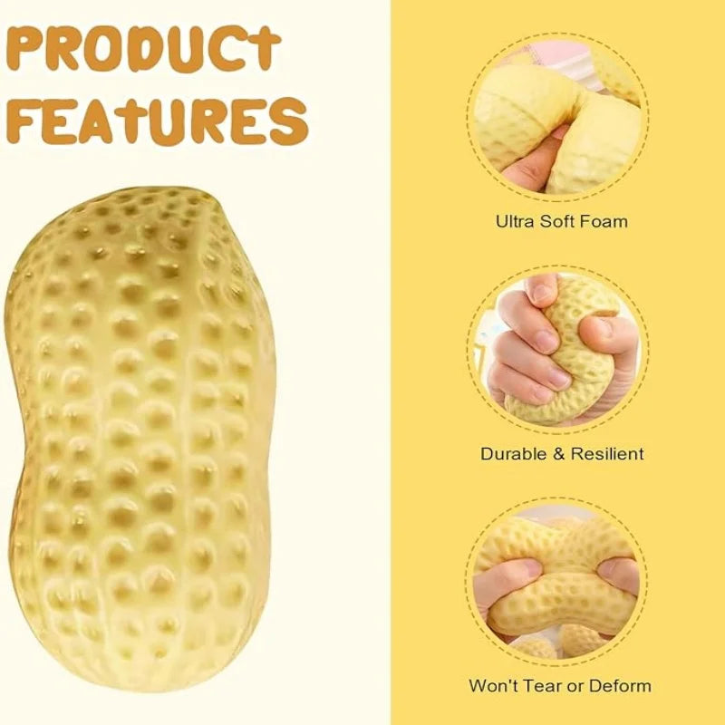A yellow, textured squishy foam toy is shown with features highlighting its ultra soft nature, durability, and resilience.