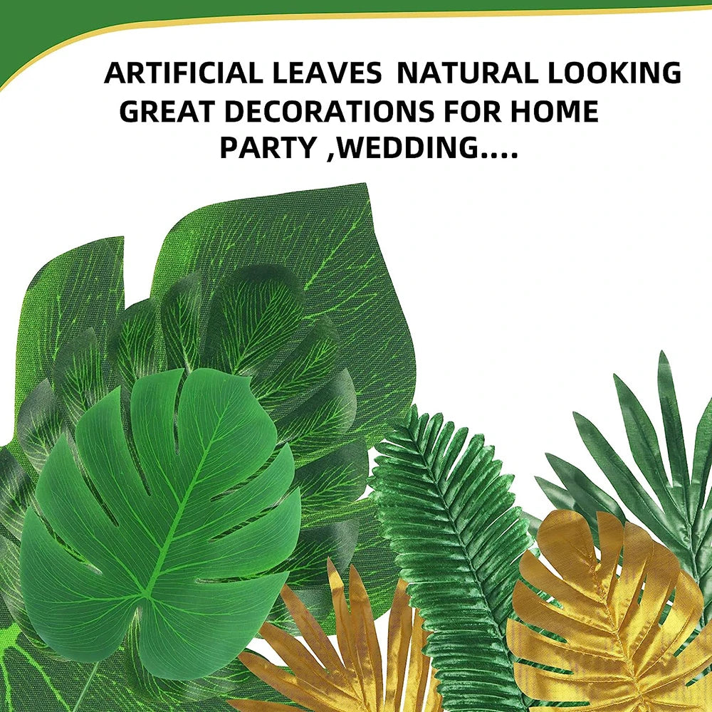 Green and gold artificial tropical palm leaves used as decorations for parties and weddings