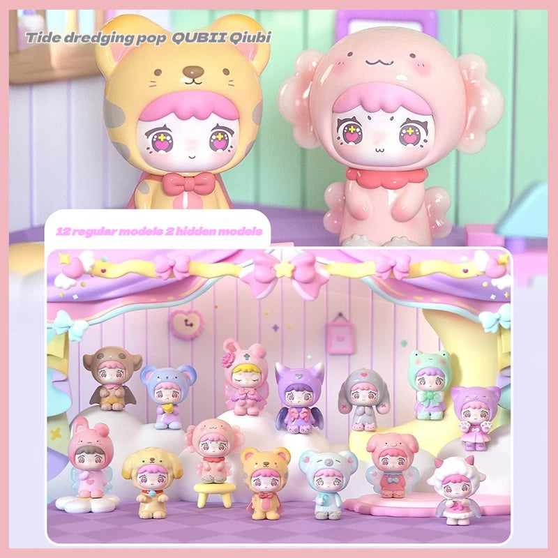 A collection of QUBII Autumn Animal figures featuring various cute animal characters in pink and yellow colors.