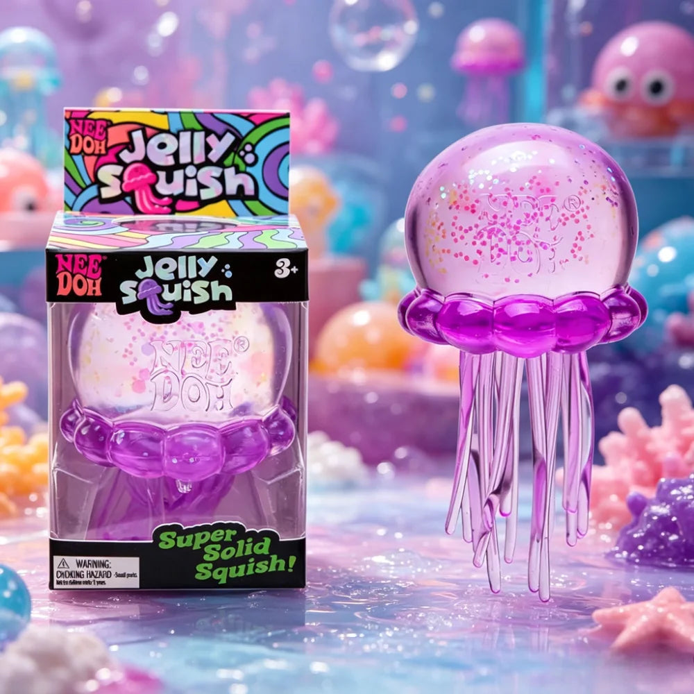 A purple Jelly Squish toy is displayed on a surface with colorful sensory elements and blurred background objects.